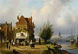 Charles Henri Joseph Leickert Canvas Paintings - A Town View with Figures by a Market Street Stall